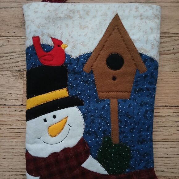 Quilt Christmas Stocking with Snowman Birdhouse Cardinals Holiday Decoration - Picture 3 of 6